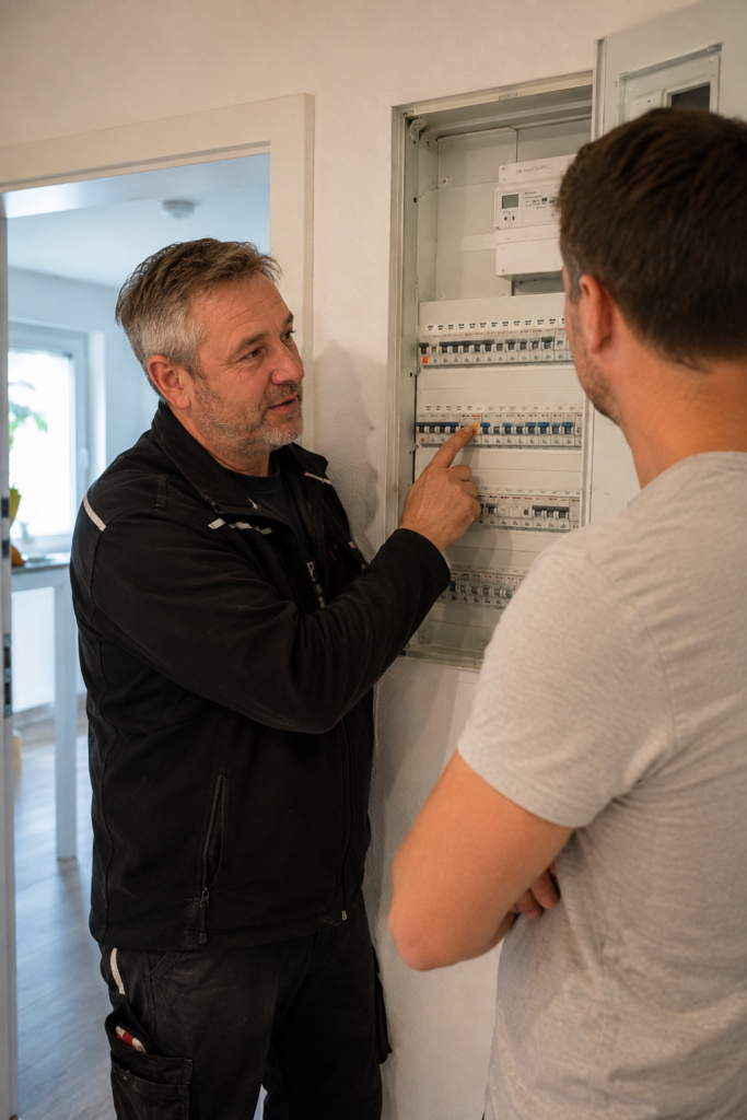 Elektriker erklärt Elektroverteilung einem Hauseigentümer